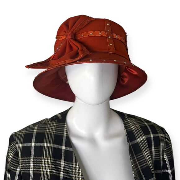 Vintage Milano New York Cloche Hat with Elegant Box Rhinestone Accents in Orange - Picture 2 of 8